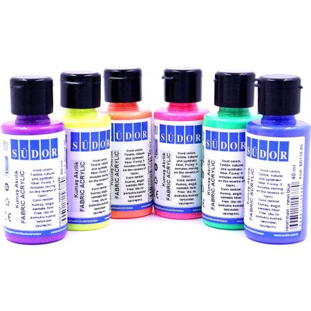 Monalisa Fluorescerende Textielverf Set 6x40 ml (240 ml) | 6 zwarte lichte textielkleurstoffen | Wasbare textielverf| Neonkleuren Textielverf | Ideaal voor T-shirts en ander textiel schilderdoek